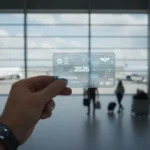Futuristic airline loyalty card with 2026 date in an airport terminal