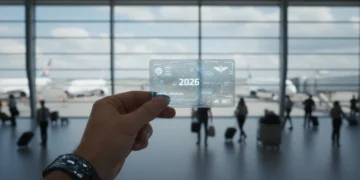 Futuristic airline loyalty card with 2026 date in an airport terminal