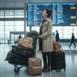 Traveler checking baggage at a modern airport terminal in 2026