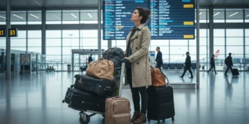 Traveler checking baggage at a modern airport terminal in 2026