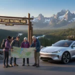 Modern electric car with travelers planning trip at national park entrance