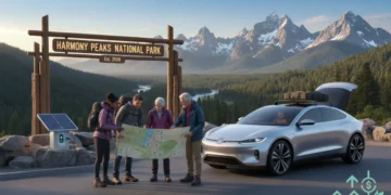 Modern electric car with travelers planning trip at national park entrance