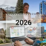 Diverse US accommodations for 2026 travel planning, showcasing hotels, cabins, and resorts.