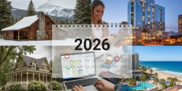 Diverse US accommodations for 2026 travel planning, showcasing hotels, cabins, and resorts.