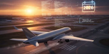 Modern airplane taking off, symbolizing 2026 US air travel policy changes