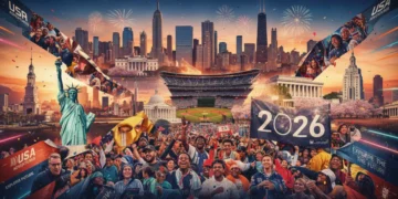 Dynamic cityscape with event highlights for 2026 US travel planning