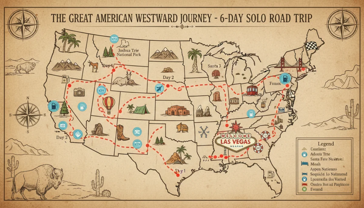 Detailed 6-day solo road trip itinerary map across the USA with landmarks