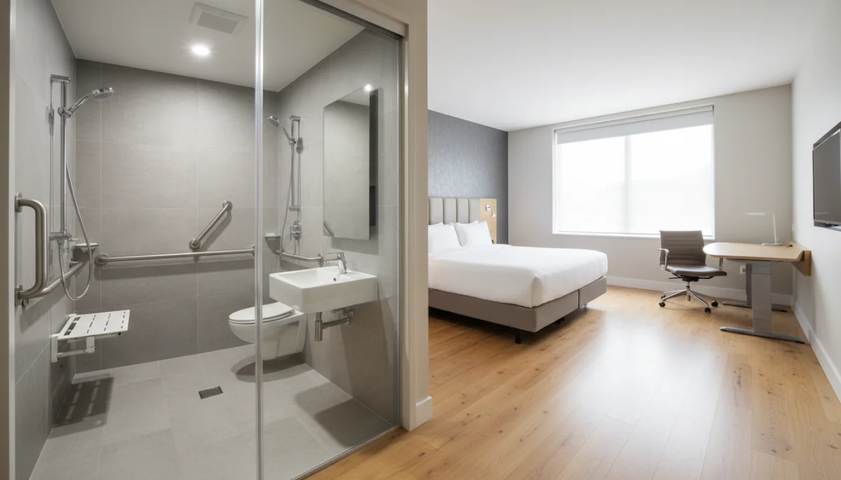 Accessible hotel room with roll-in shower and grab bars