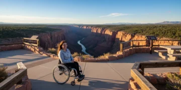 Person in wheelchair at accessible national park overlook, USA