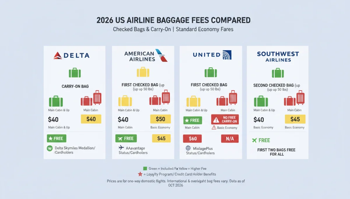 Comparative chart of 2026 baggage fees for major US airlines