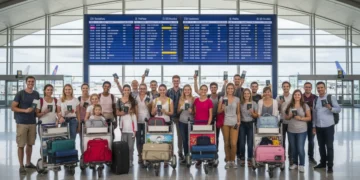 Travelers with passports and luggage at a busy airport terminal, ready for departure.