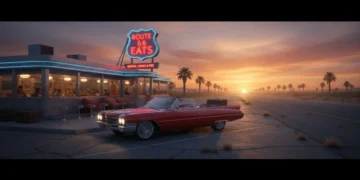 Classic American diner at sunset, symbolizing a cross-country foodie road trip adventure