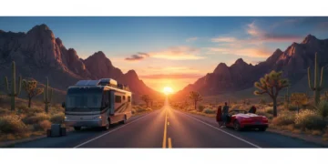 Scenic American highway at sunset, perfect for a 2026 road trip adventure