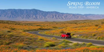 Panoramic view of Anza-Borrego Desert superbloom, California, with road and mountains.