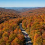 Scenic road winding through vibrant autumn trees in the Appalachian Mountains