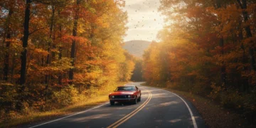 Autumn road trip through a colorful forest with a classic car