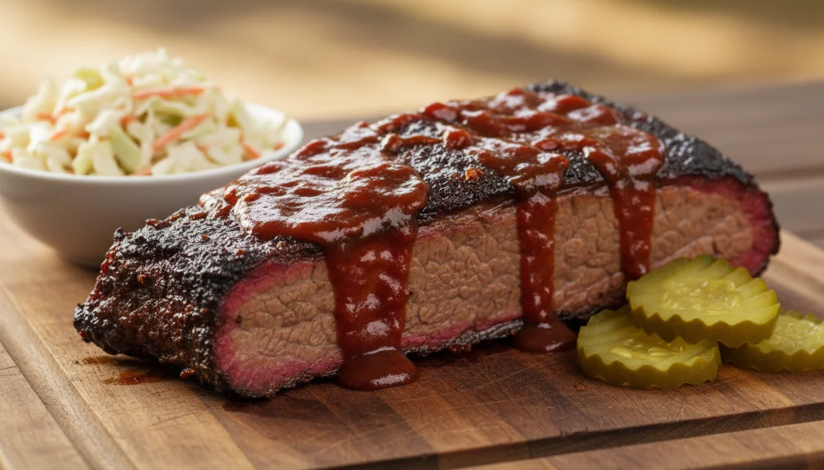 Juicy grilled BBQ brisket with coleslaw and pickles, showcasing Texan culinary delights