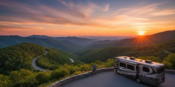 Sunset over Blue Ridge Parkway with winding road and RV, showcasing scenic beauty.