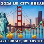 Iconic US cityscapes with financial overlays, representing budget-friendly 2026 city breaks.