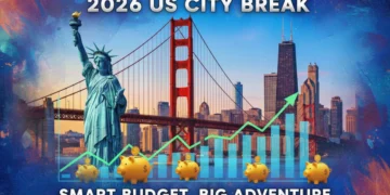 Iconic US cityscapes with financial overlays, representing budget-friendly 2026 city breaks.