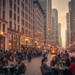 Bustling US city street at dusk with diverse architecture and people enjoying the evening atmosphere.