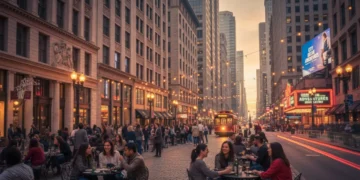 Bustling US city street at dusk with diverse architecture and people enjoying the evening atmosphere.