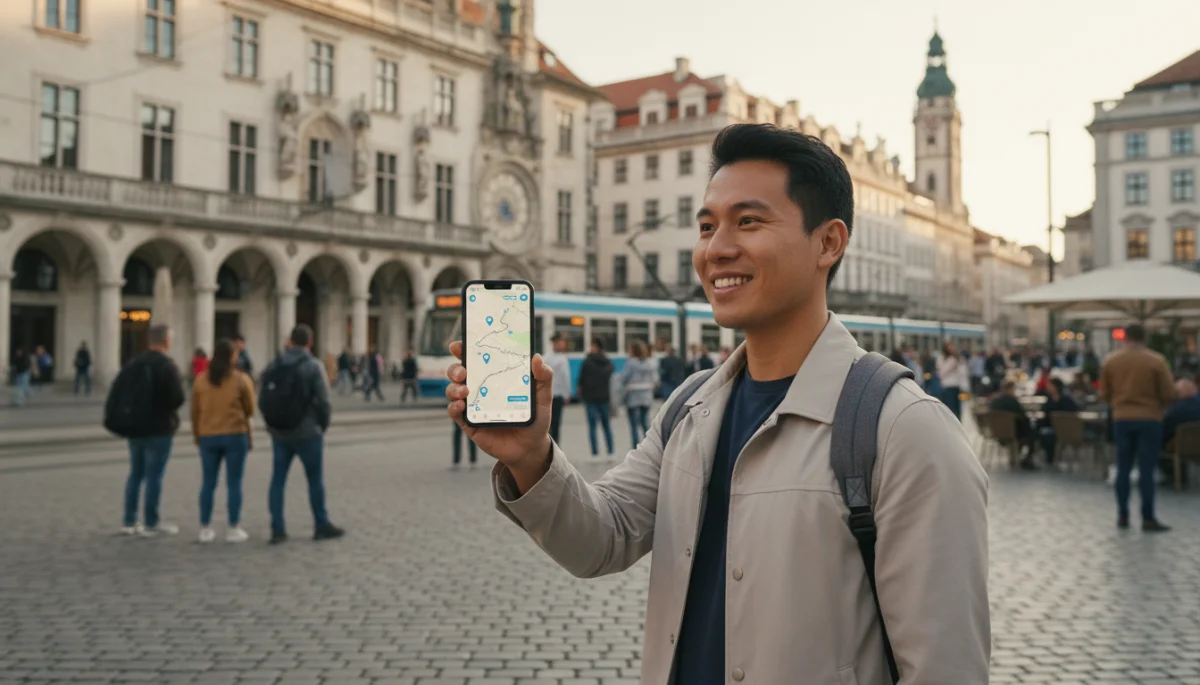 Traveler navigating city with smartphone map