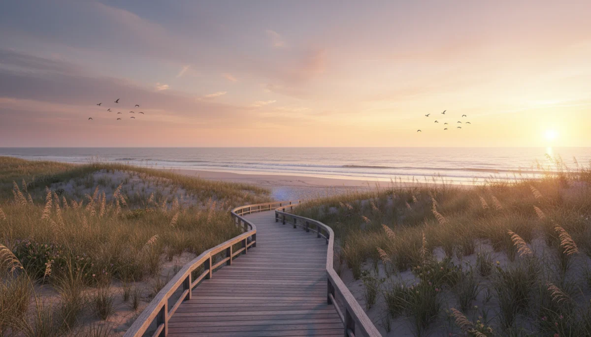 Serene boardwalk through coastal dunes at sunset