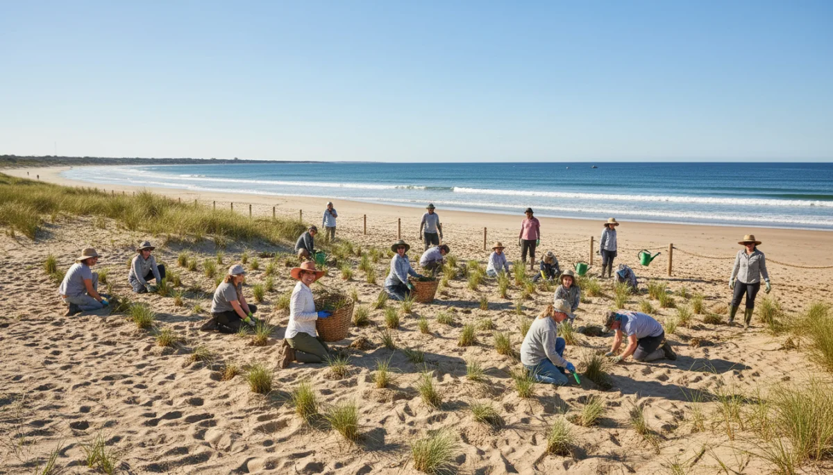 Volunteers planting native vegetation during coastal restoration