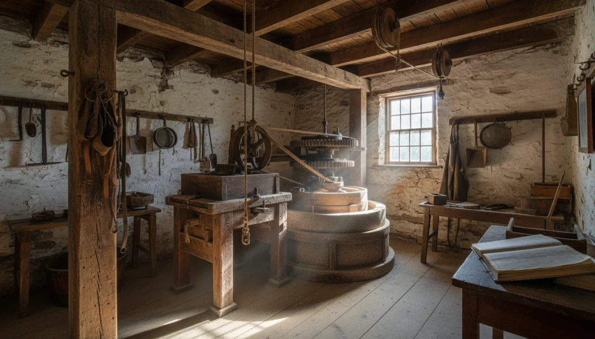Interior of a preserved colonial home with period furniture