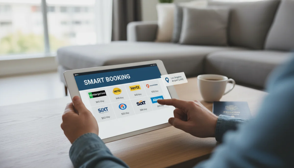 Person comparing car rental prices on tablet for best deals