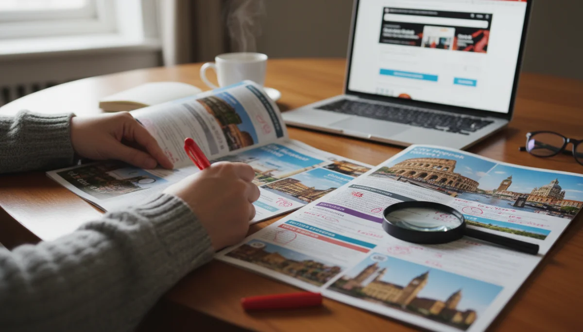 Traveler comparing various city break package brochures and online deals