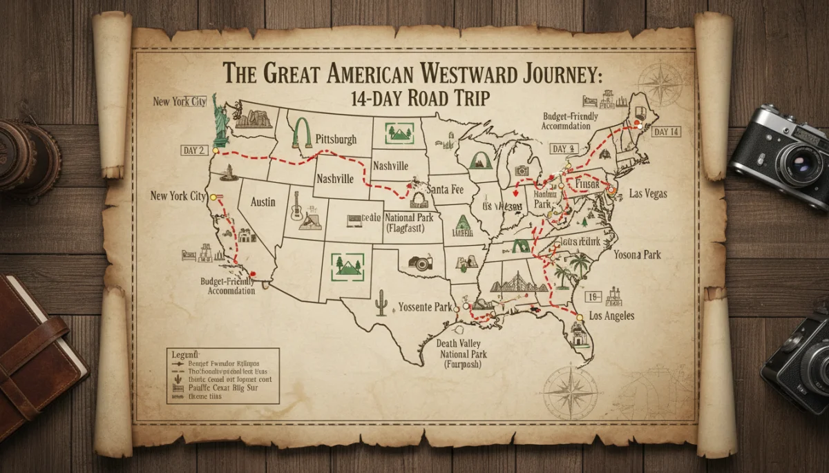 Detailed map of a 14-day cross-country road trip itinerary across the USA.