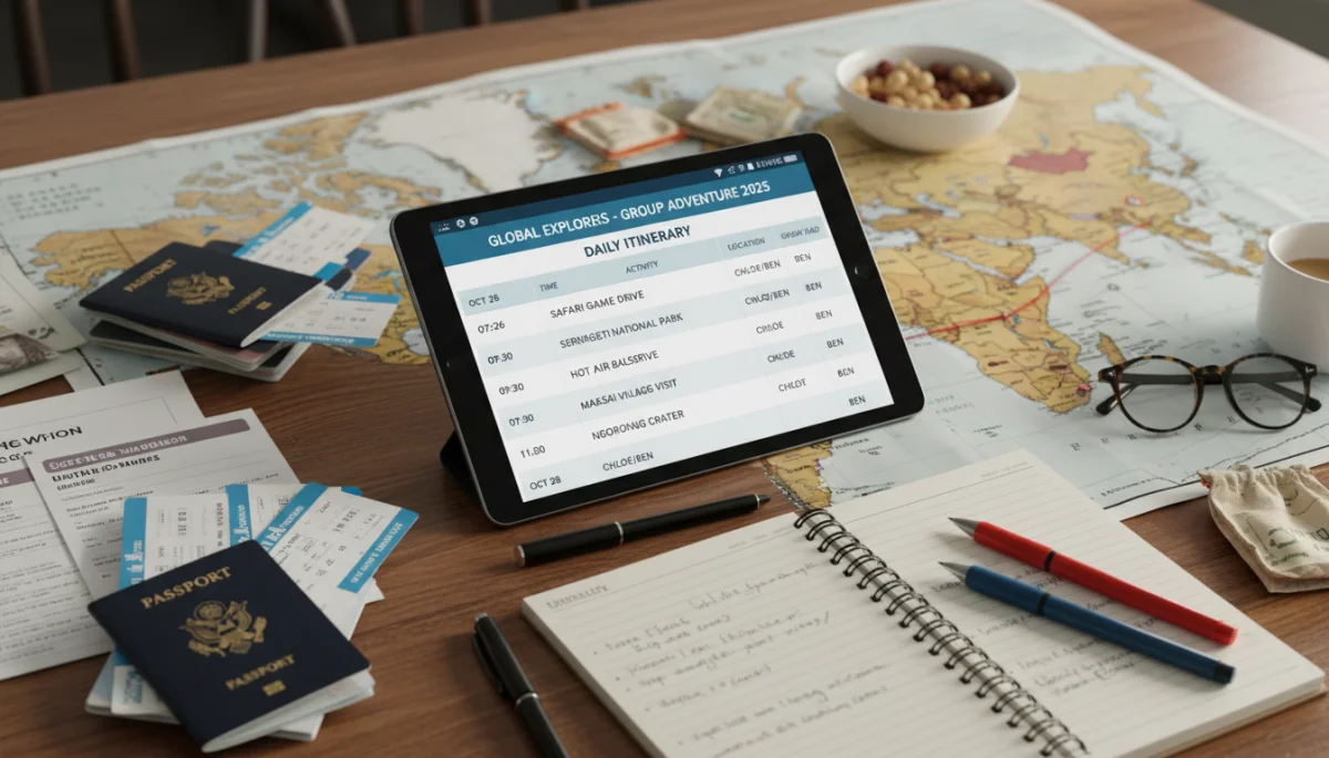 Detailed travel itinerary for a large group on a tablet with maps and documents.