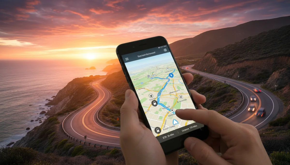 Smartphone displaying a detailed road trip route planning app with points of interest.