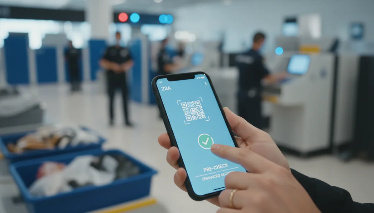 Passenger using digital boarding pass at airport security, representing new travel policies