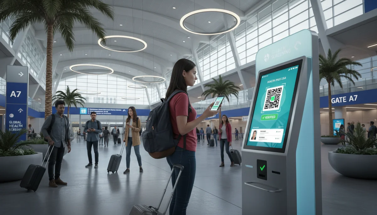 Traveler using digital health pass at US transportation hub