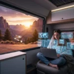 2026 Digital Nomad Toolkit: Top 5 Apps for US Travel Digital nomad working in camper van with holographic travel apps overlooking a US national park