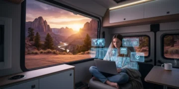 Digital nomad working in camper van with holographic travel apps overlooking a US national park
