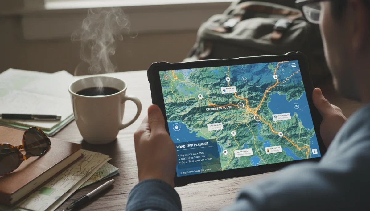 Traveler planning optimized road trip routes on a tablet with coffee.