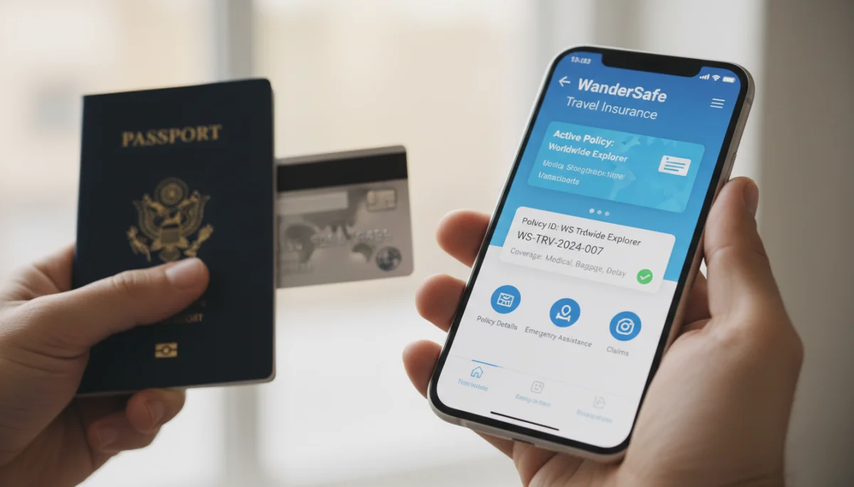 Smartphone displaying travel insurance app with passport and credit card