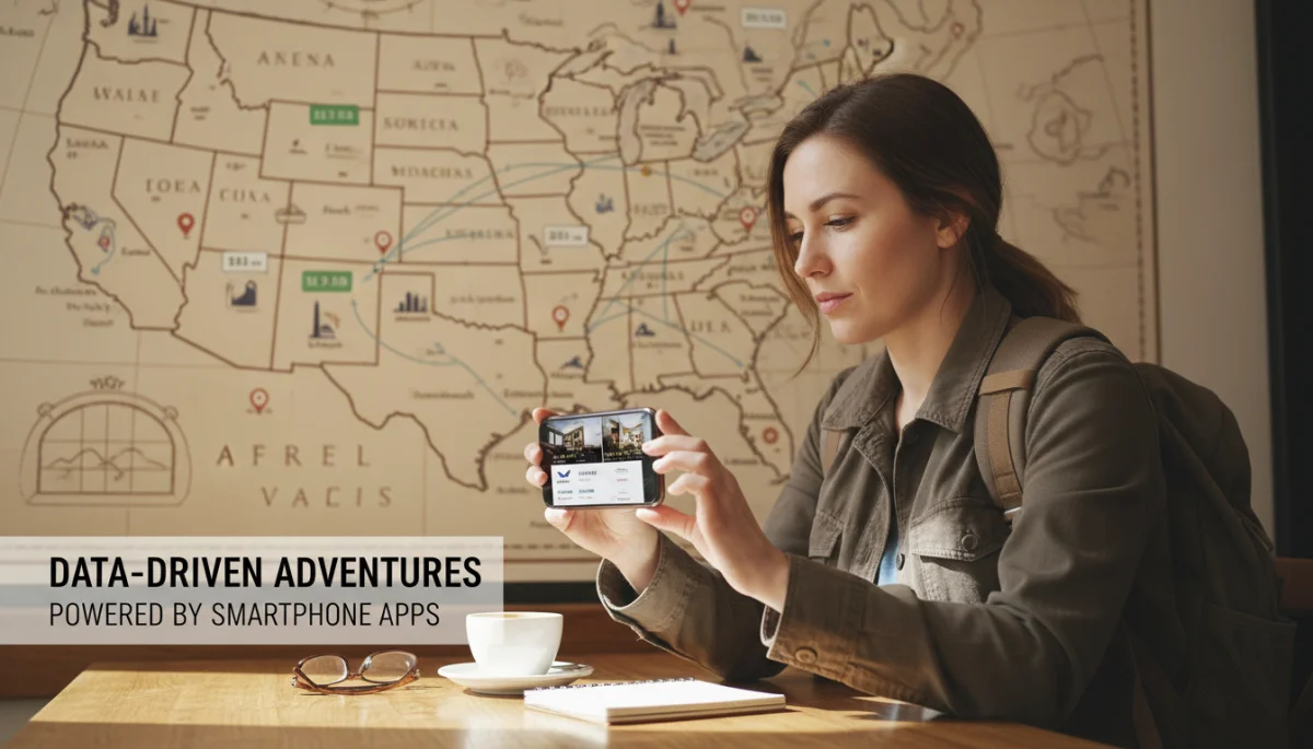 Traveler comparing flight prices and hotel deals on a smartphone for US travel.