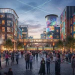 Dynamic street scene in an emerging cultural district with art and community