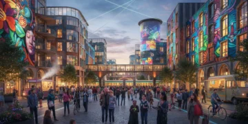 Dynamic street scene in an emerging cultural district with art and community