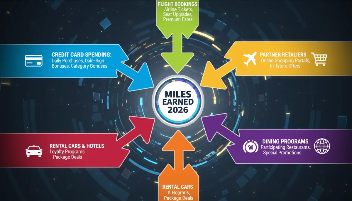 Infographic showing diverse methods of earning airline miles in 2026
