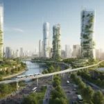 Eco-friendly cityscape with green infrastructure and public transit