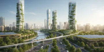 Eco-friendly cityscape with green infrastructure and public transit