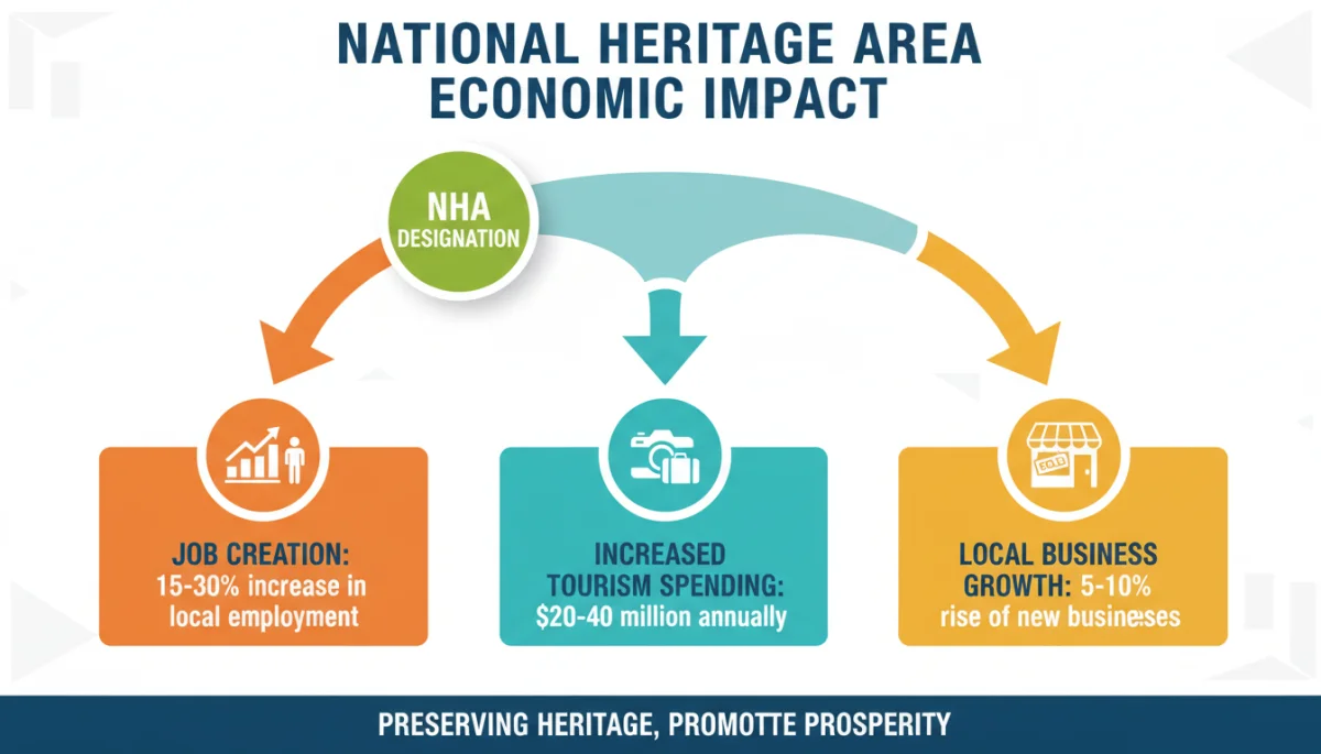 Infographic showing economic benefits of National Heritage Areas, including job creation and tourism revenue.