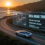 Electric car on scenic highway with digital route overlay, symbolizing efficient road trip planning.