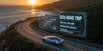 Electric car on scenic highway with digital route overlay, symbolizing efficient road trip planning.